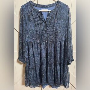 Lucky Brand Long Sleeve Paisley Babydoll Dress Indigo Multi Size Medium